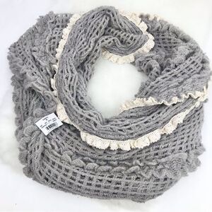 Vanity Gray Open Knit Infinity Scarf with cream lace trim- New With Tags